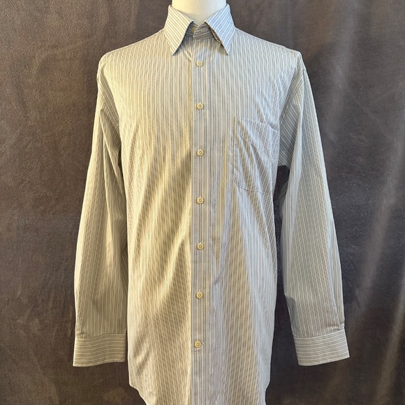 New Henry Jacobson Lg putty/ yellow stripe cotton hidden button down sport shirt - Picture 2 of 6